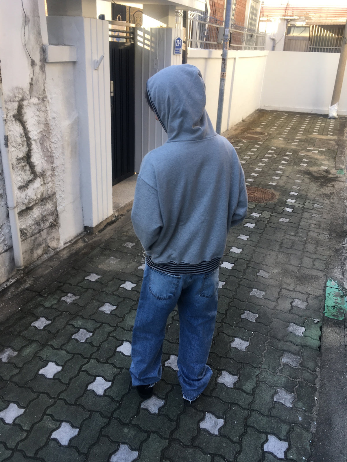 stripe trim hoodie zip up (grey)