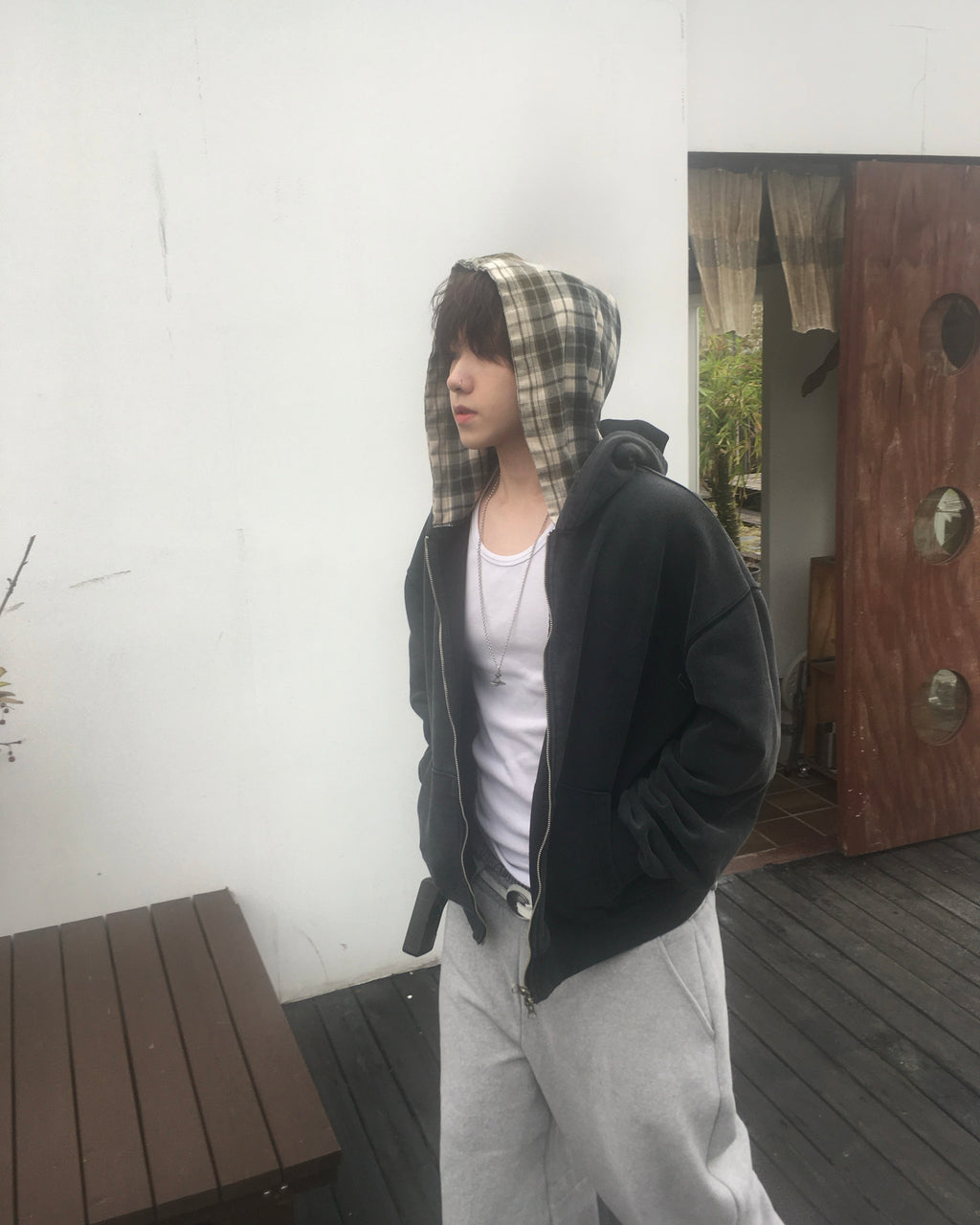 layered check zip-up hoodie