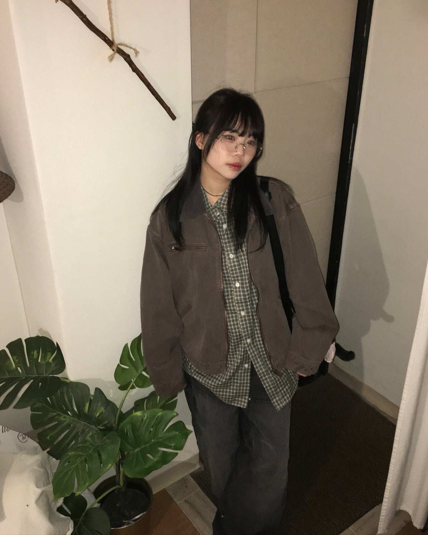 checked nylon shirt (khaki blue)