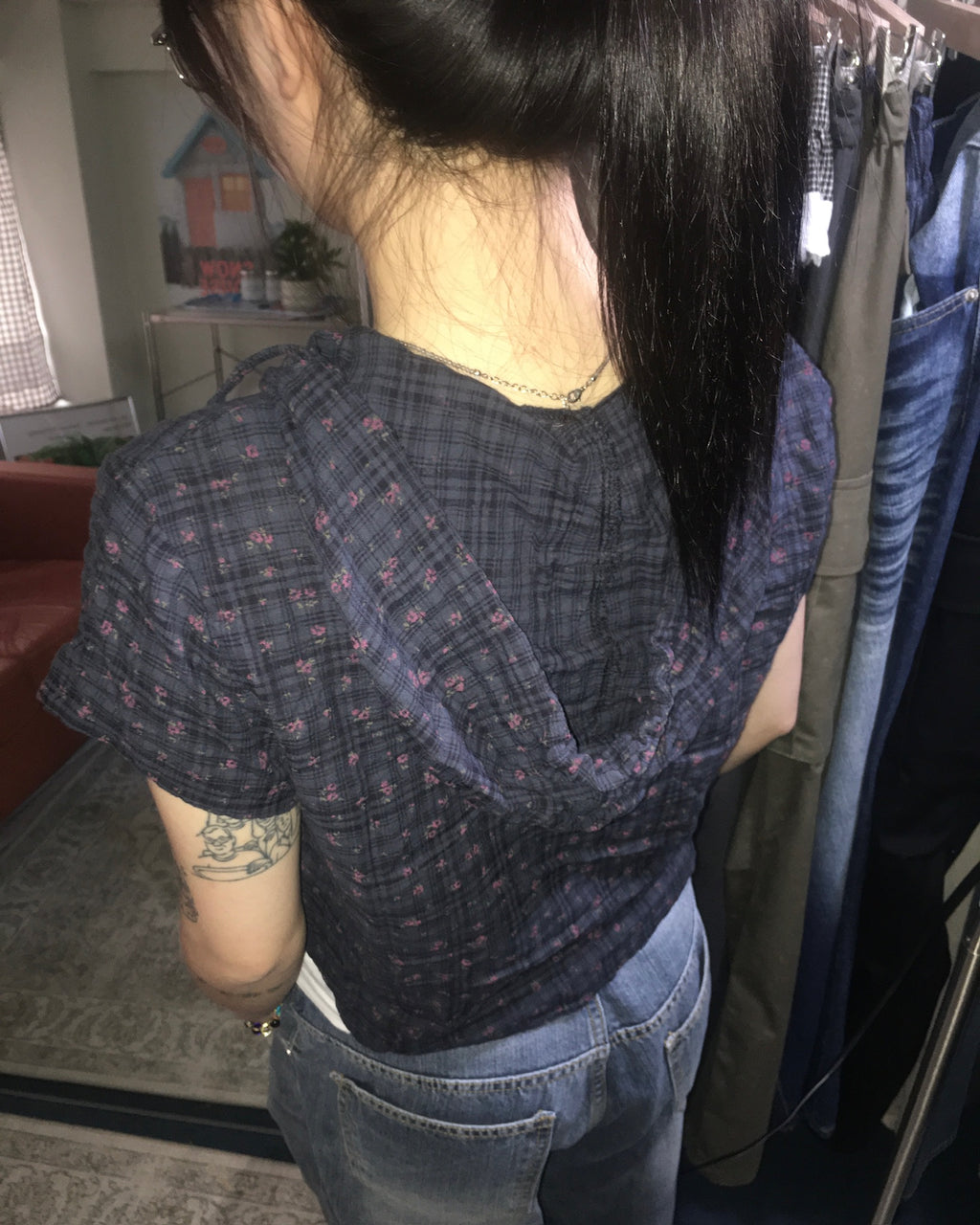 floral checked hood shirt (navy)