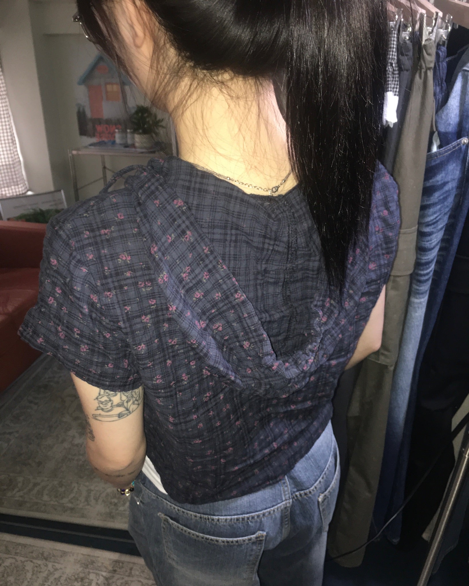 floral checked hood shirt (navy)