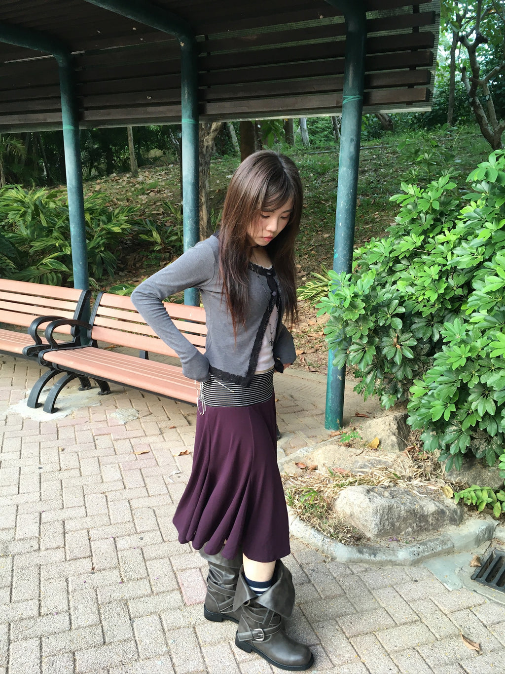 lace trim button cardigan (charcoal)