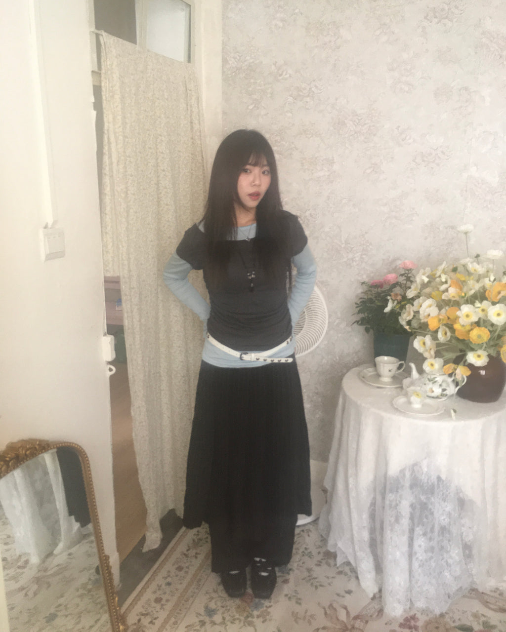 skirt stripe layered pants (black)