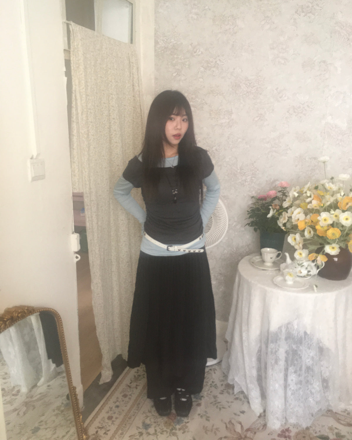 skirt stripe layered pants (black)