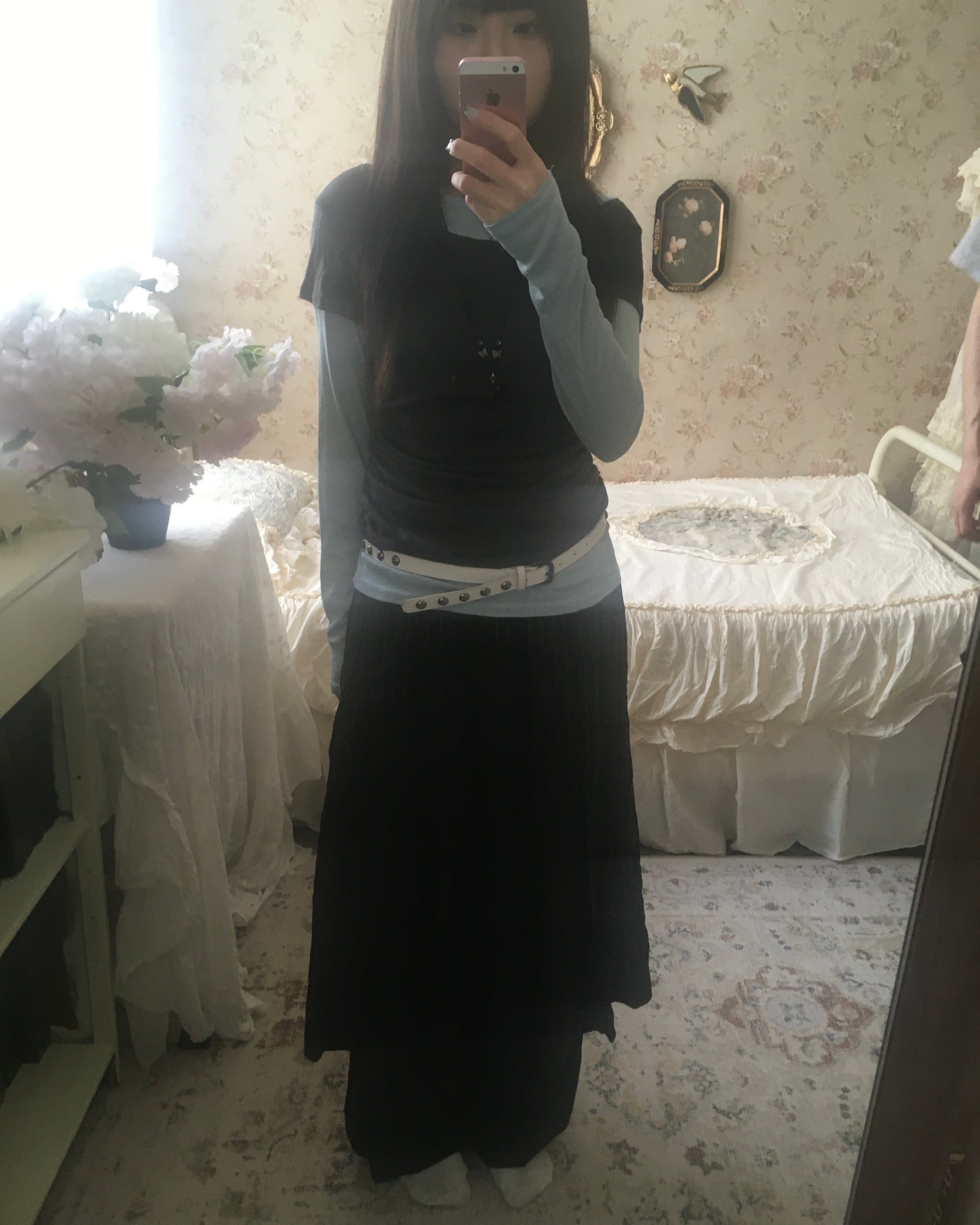 skirt stripe layered pants (black)