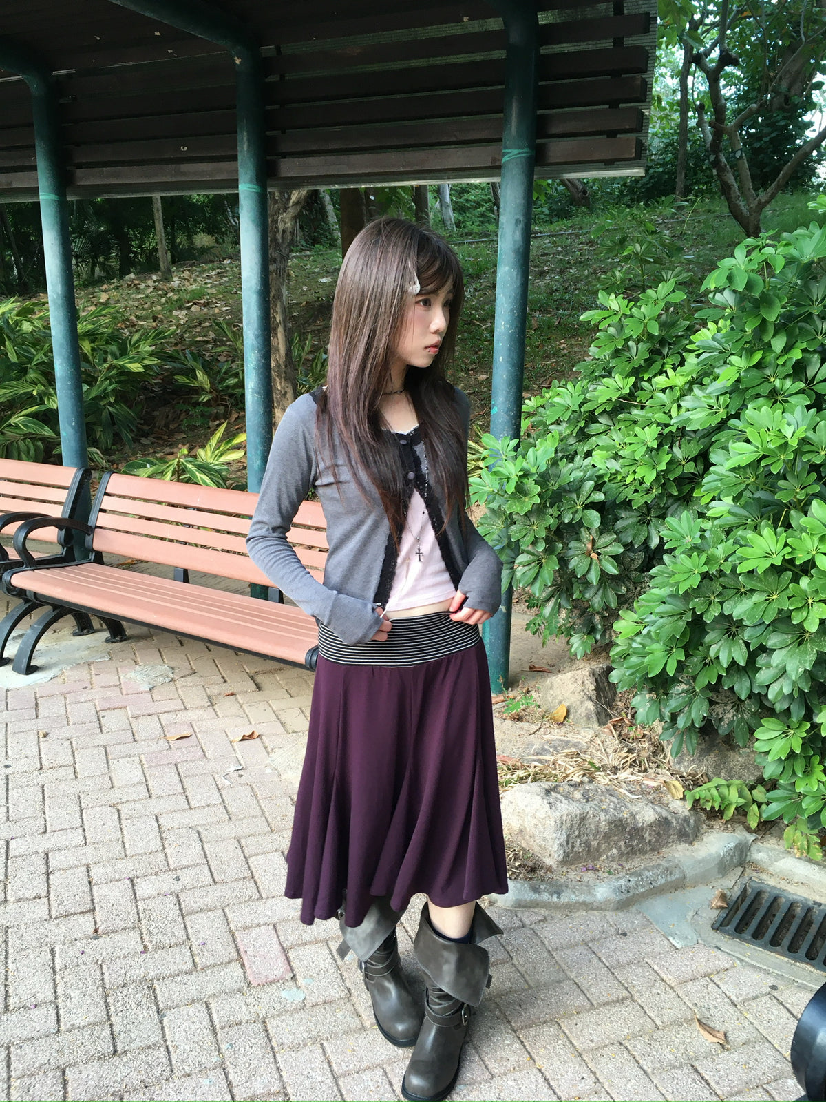 lace trim button cardigan (charcoal)