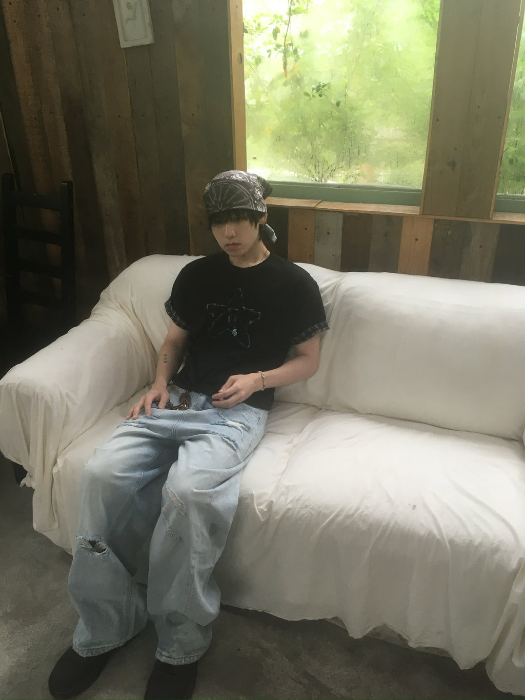 (★BEST) check star roll-up tee (black)