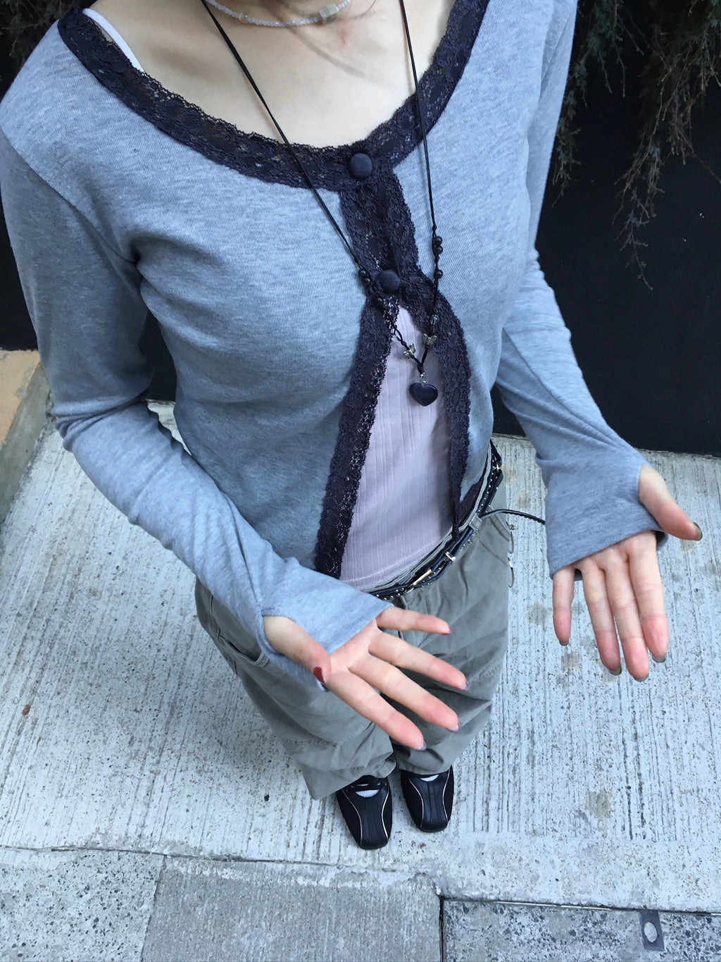 lace trim button cardigan (grey)