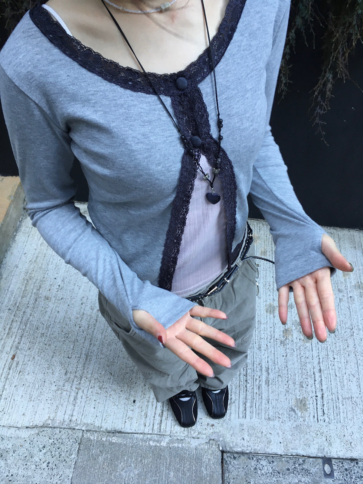 lace trim button cardigan (grey)