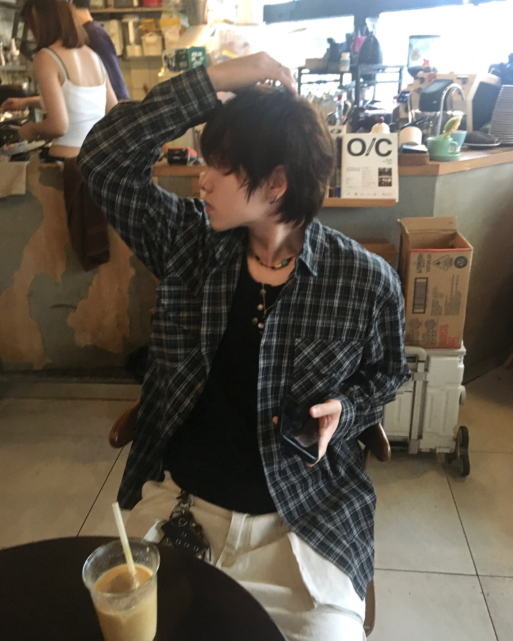 double pocket checked shirt (black)