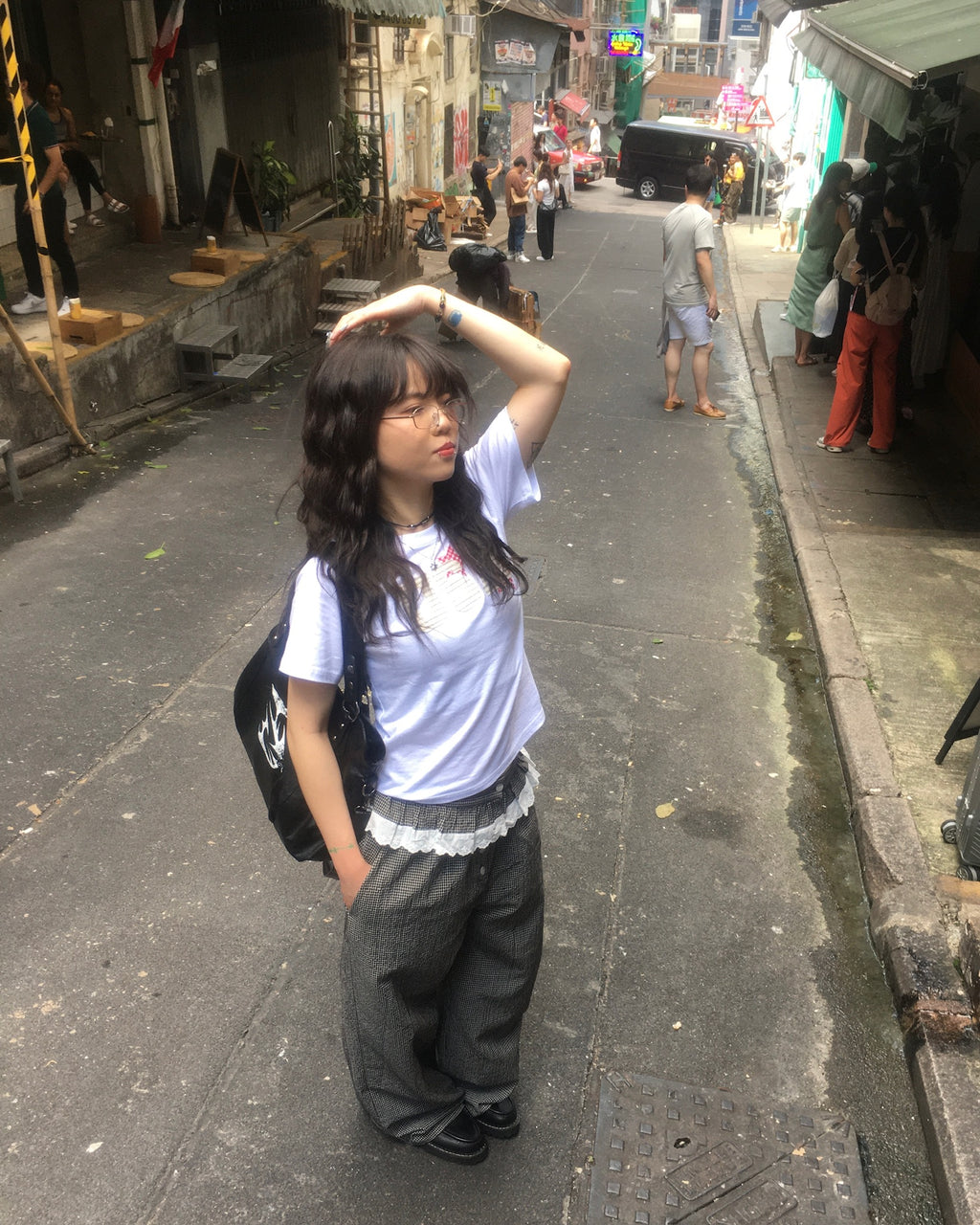 (in stock) lace checked belt pants