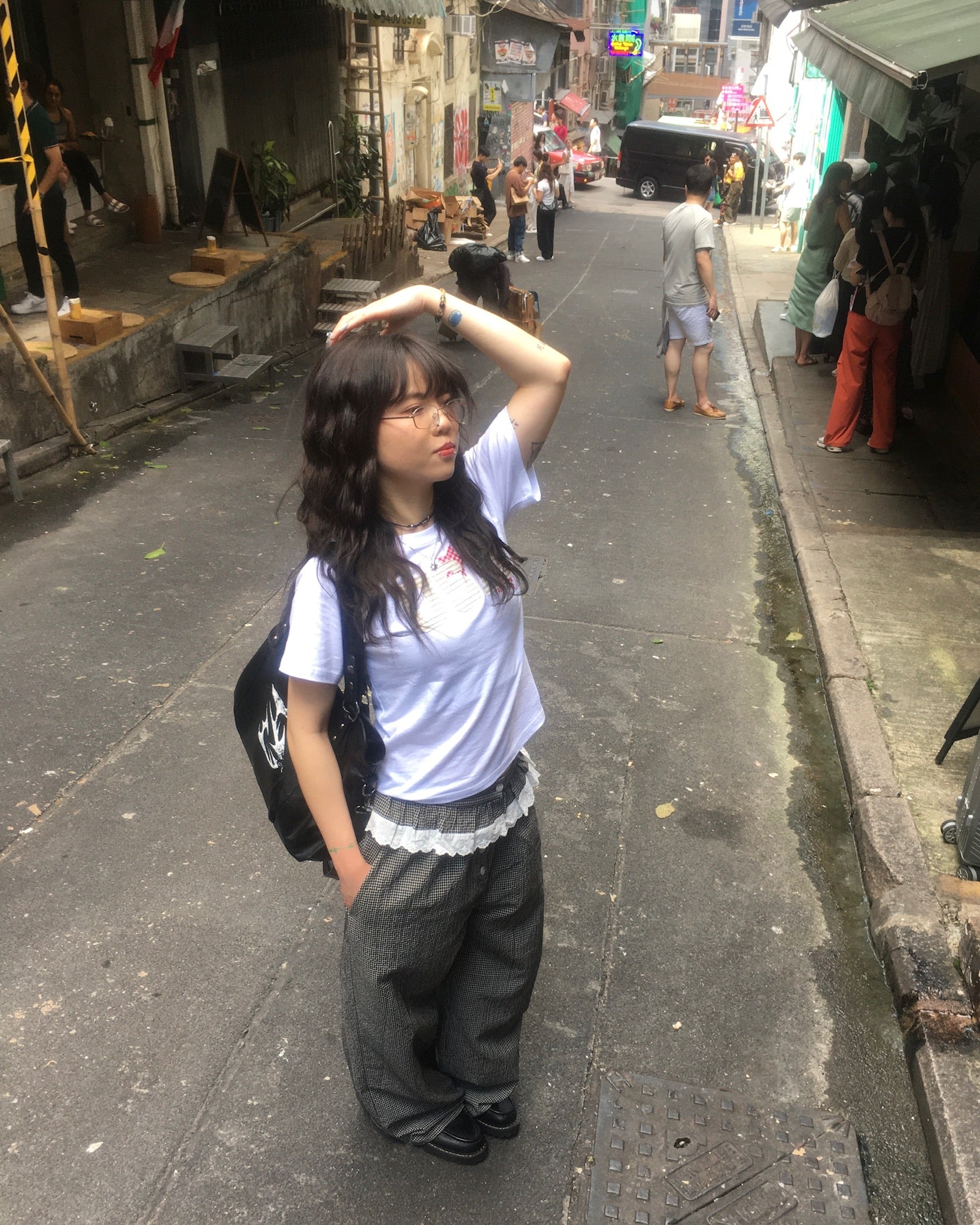 (in stock) lace checked belt pants