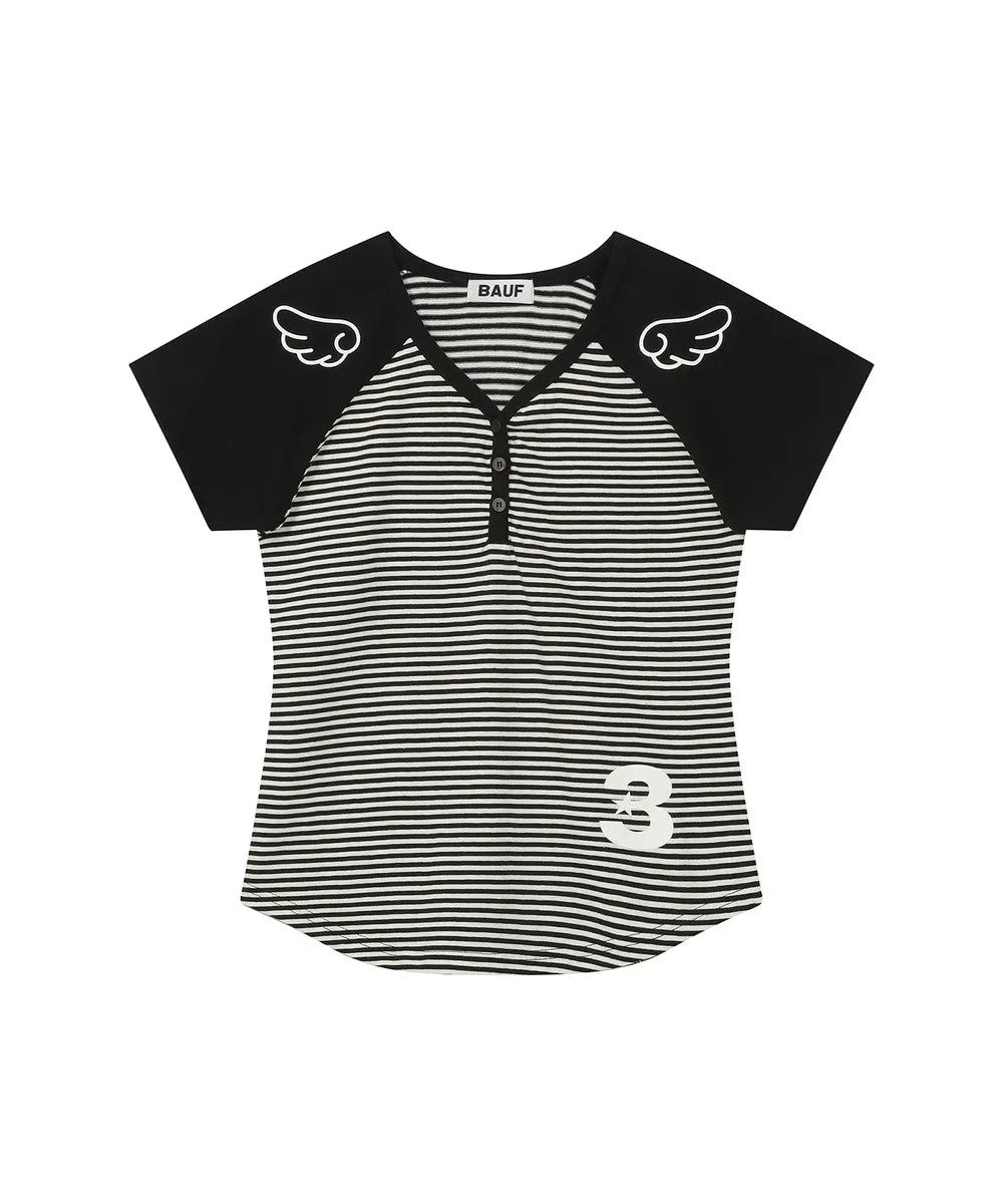BAUF 3 BUTTON ANGEL SLIM FIT T-SHIRT (STRIPE BLACK)