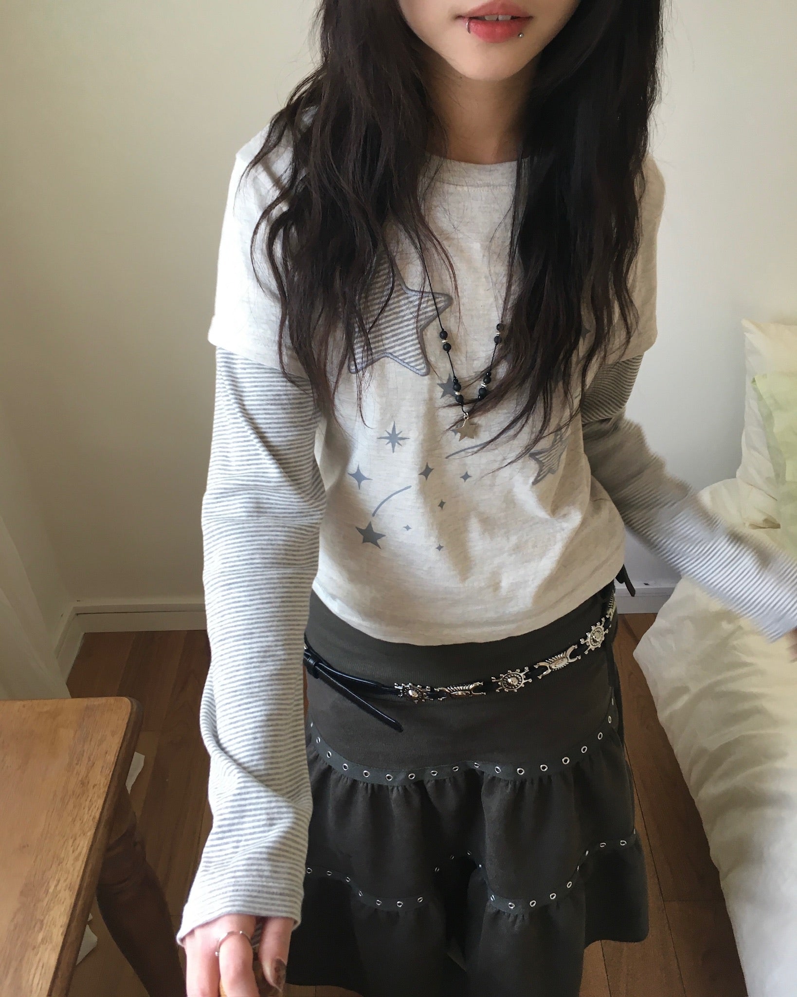 (★BEST) star stripe layered tee (oatmeal)