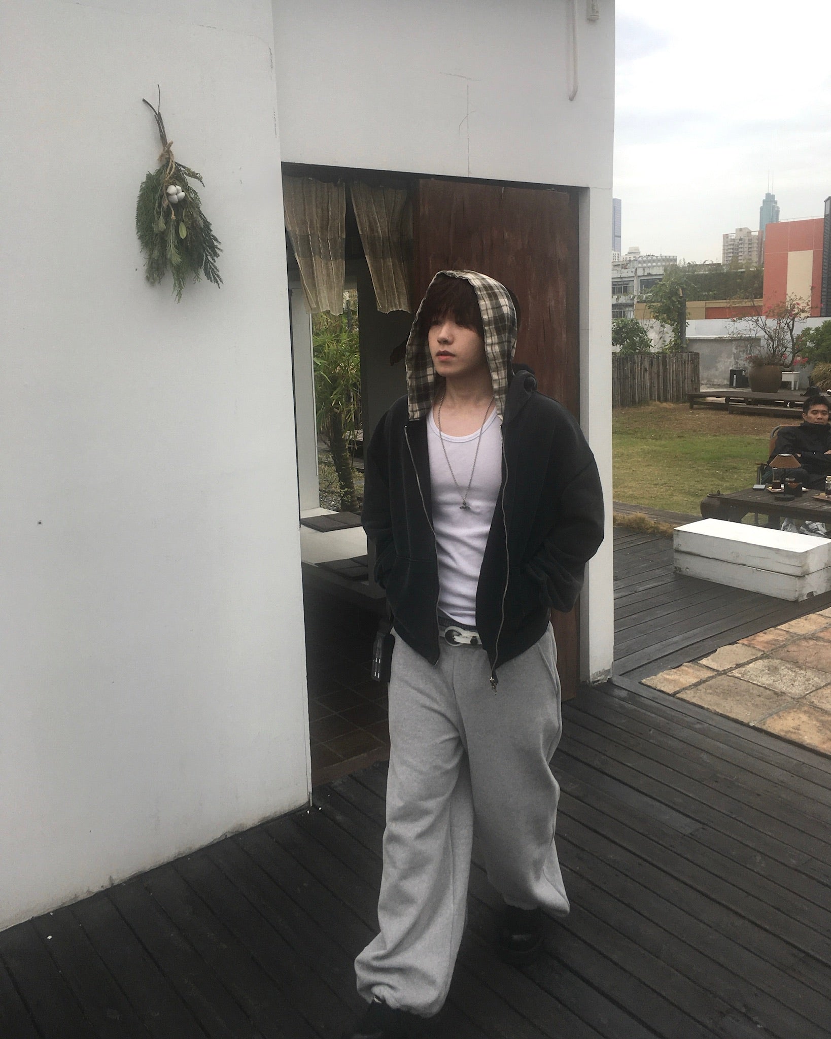 layered check zip-up hoodie