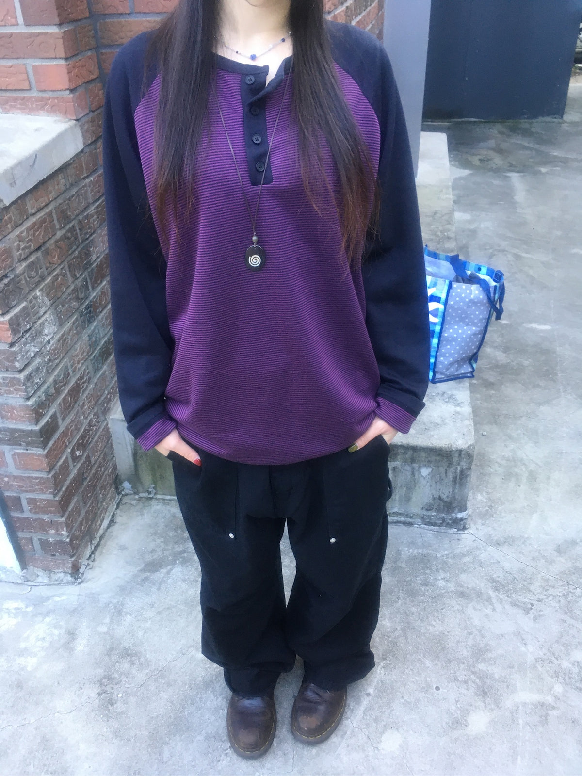 henley neck stripe raglan tee (purple)