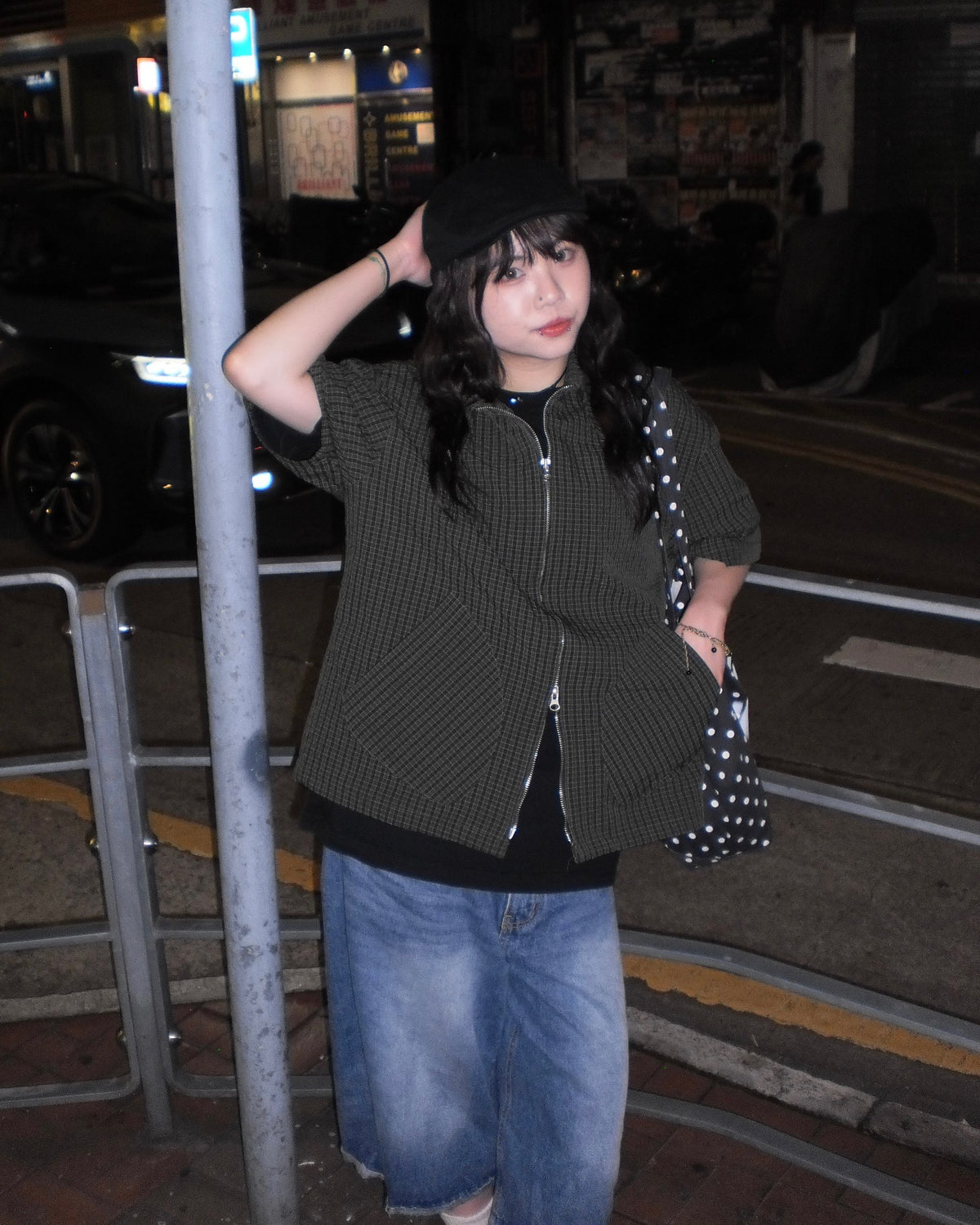 checked shortcut zip-up shirt (khaki)