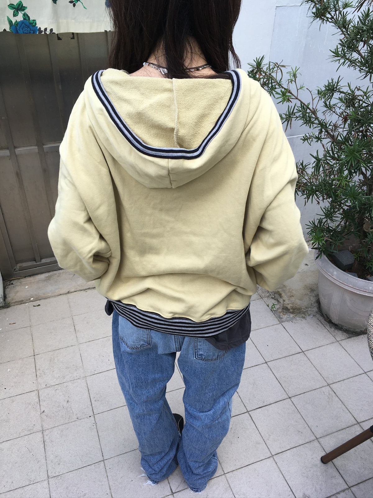 stripe trim hoodie zip up (yellow)