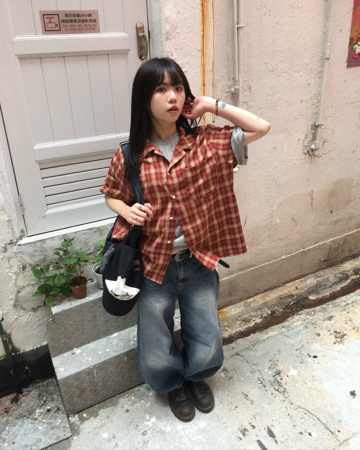 london crop checked shirt (red)