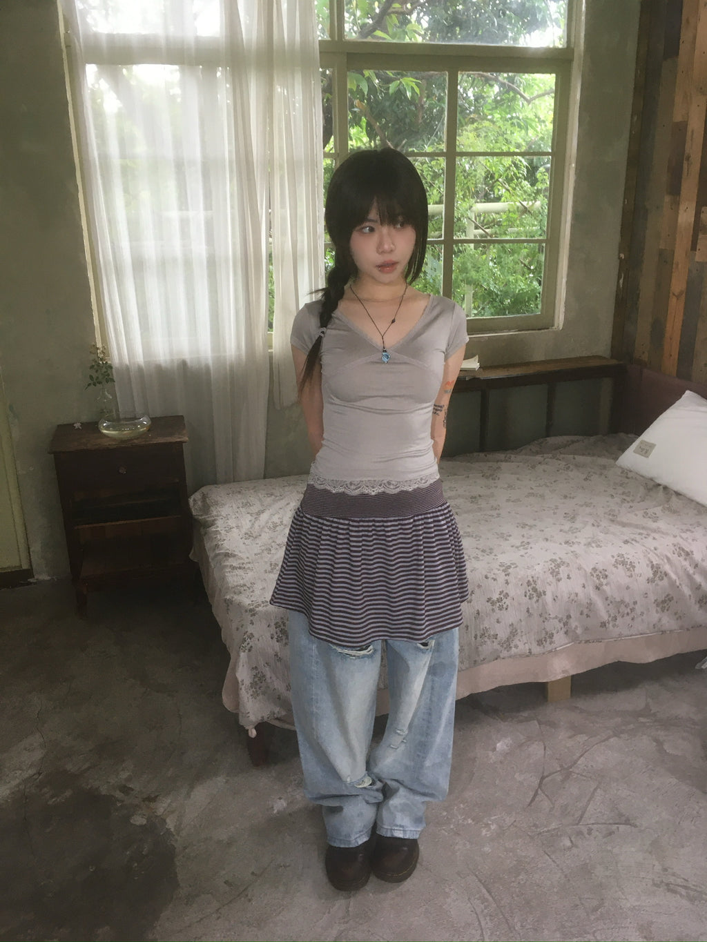(★BEST) lace trim slim tee (oatmeal)