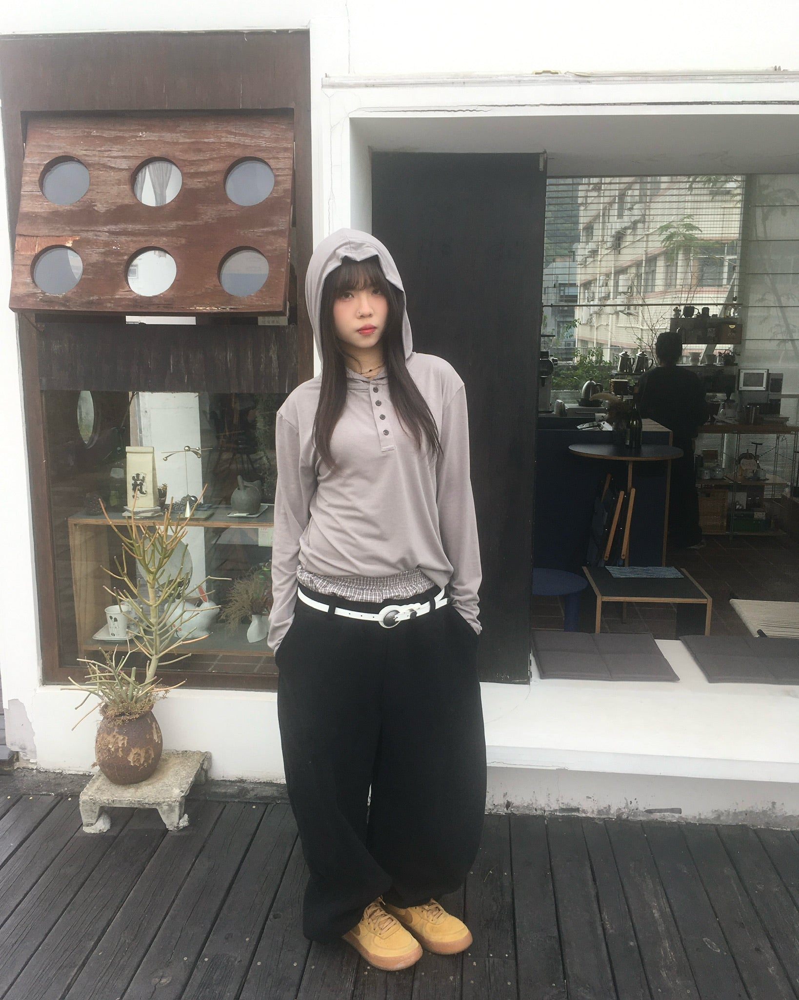 henley neck hooded shirt (ash brown)