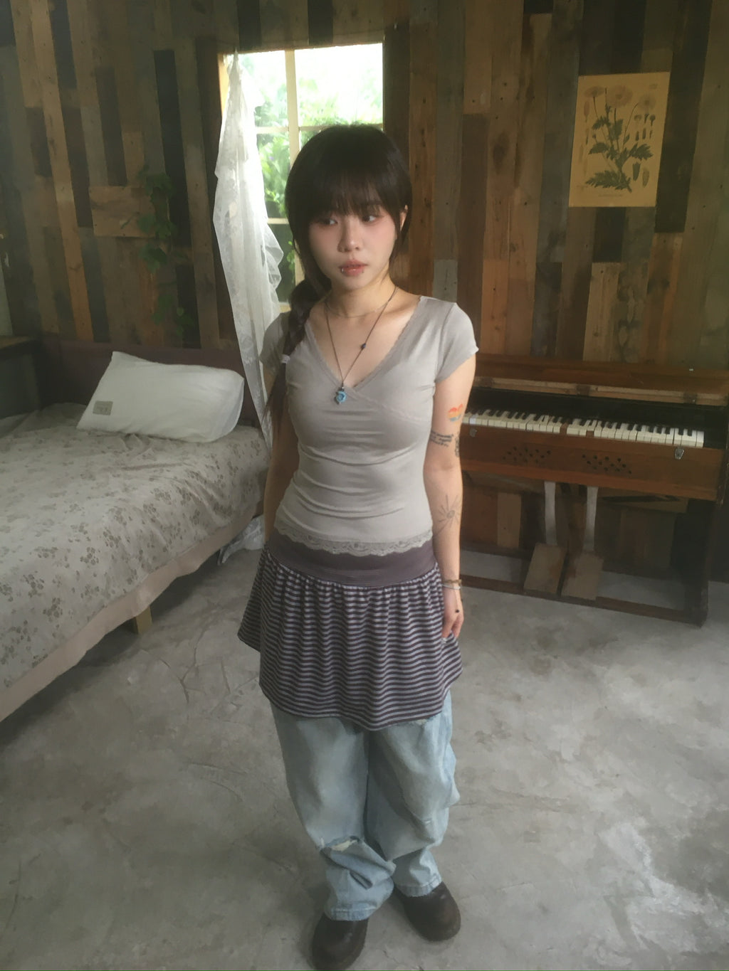 (★BEST) lace trim slim tee (oatmeal)