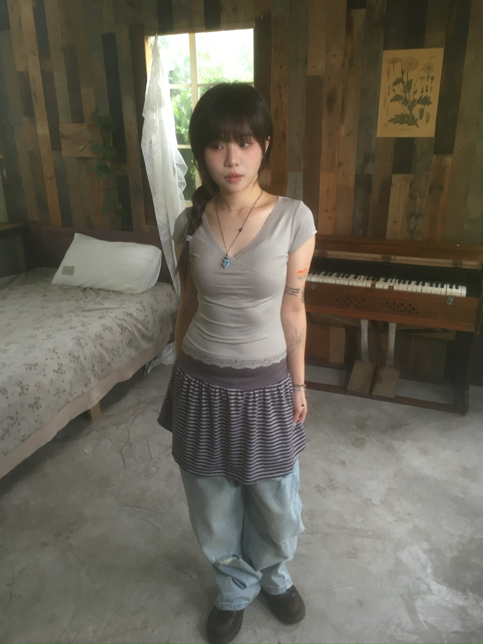 striped cotton skirt (brown)
