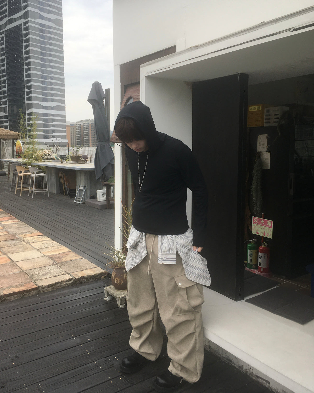 henley neck hooded shirt (black)