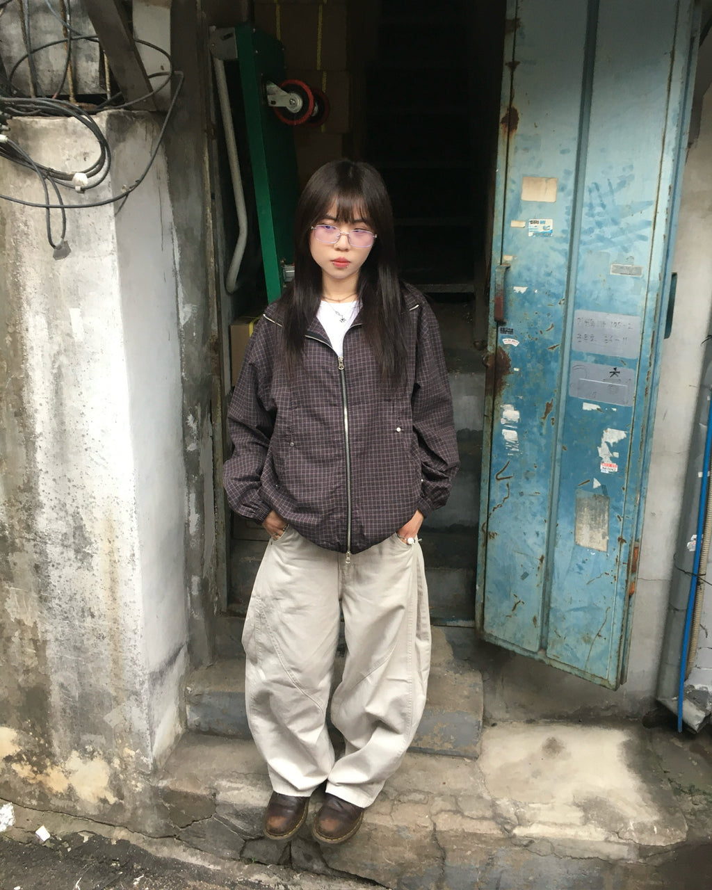 checked zipper jacket (black/navy)