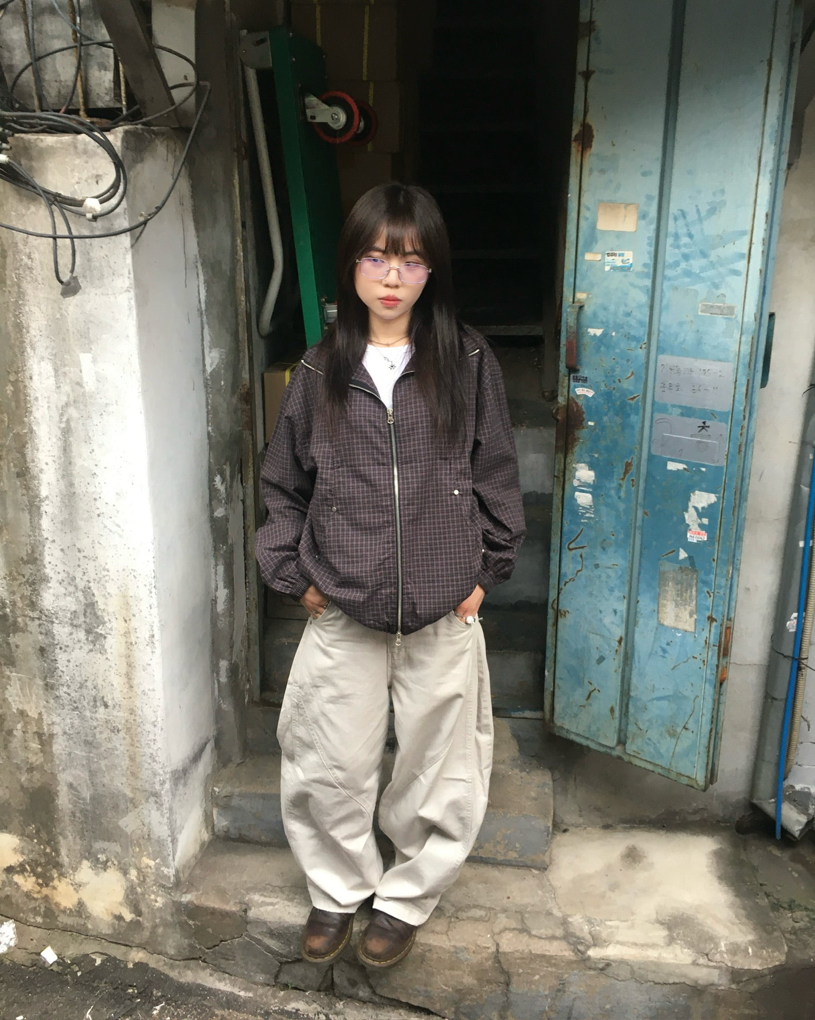 checked zipper jacket (black/navy)