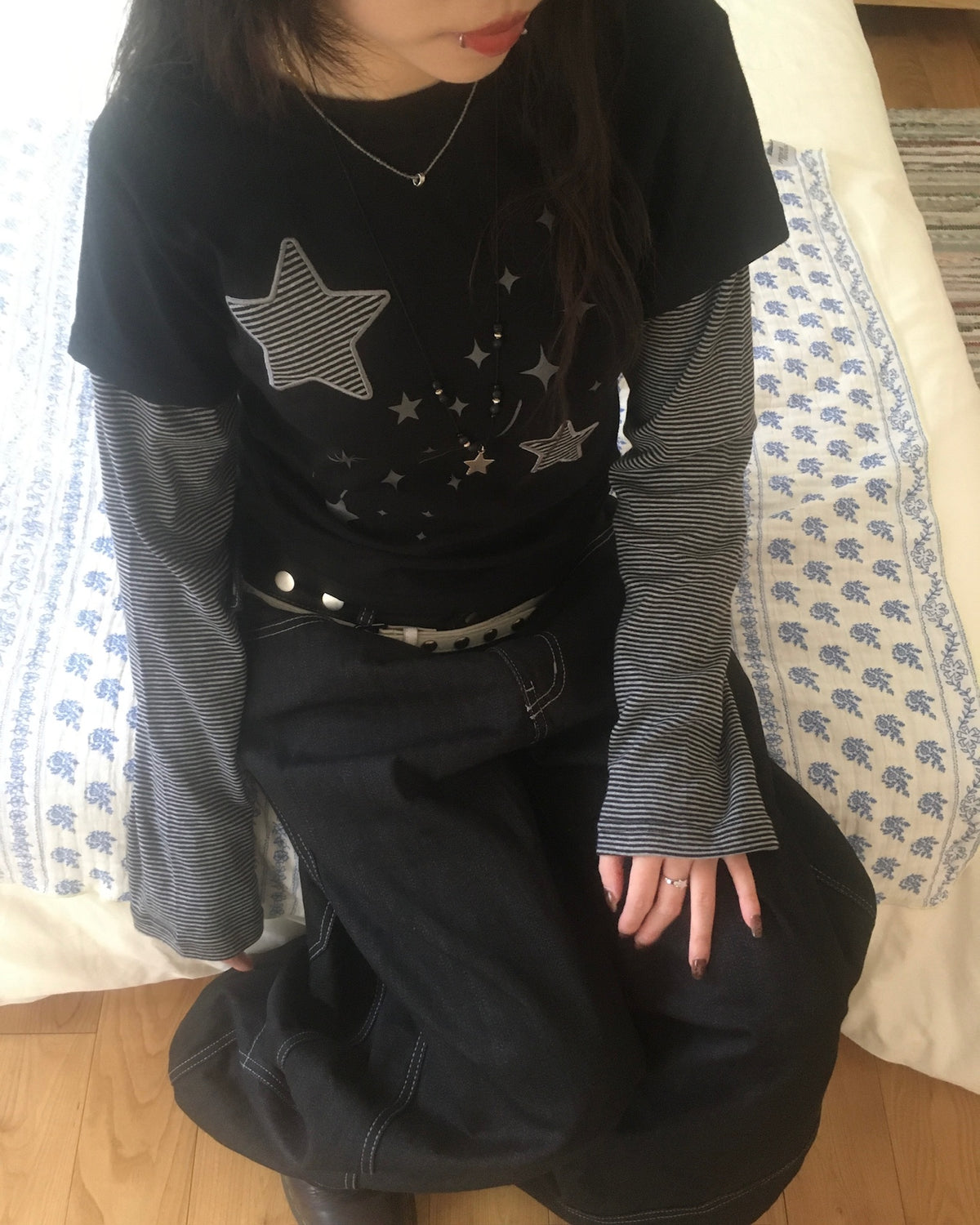 (★best) star stripe layered tee (black)
