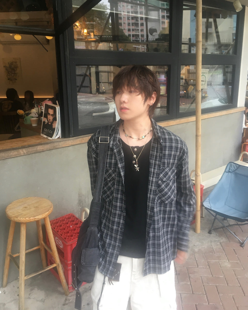 double pocket checked shirt (black)