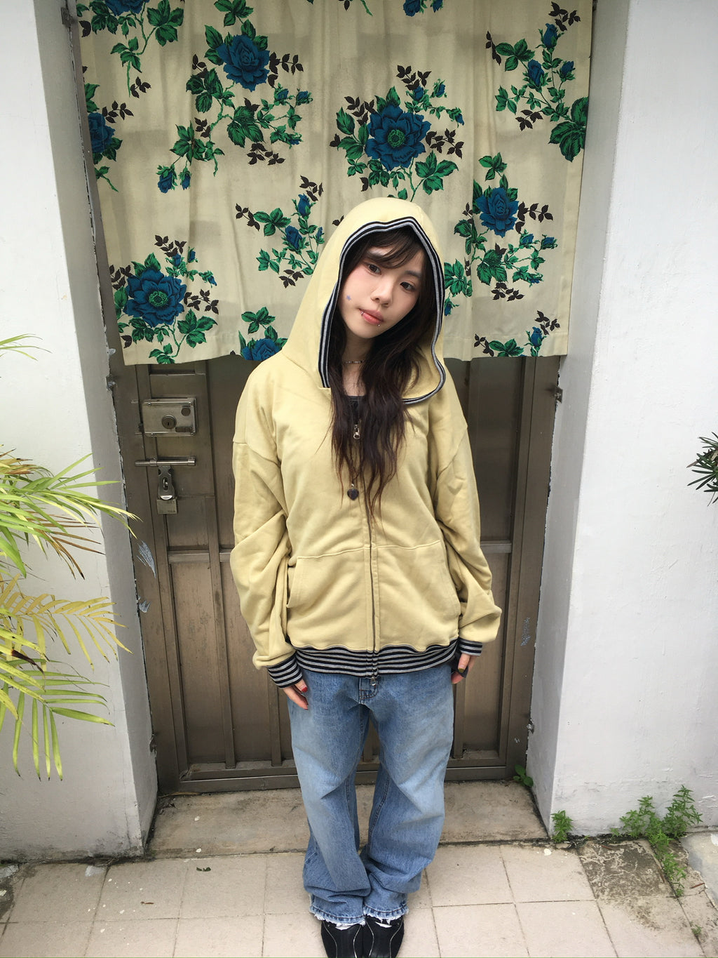 stripe trim hoodie zip up (yellow)