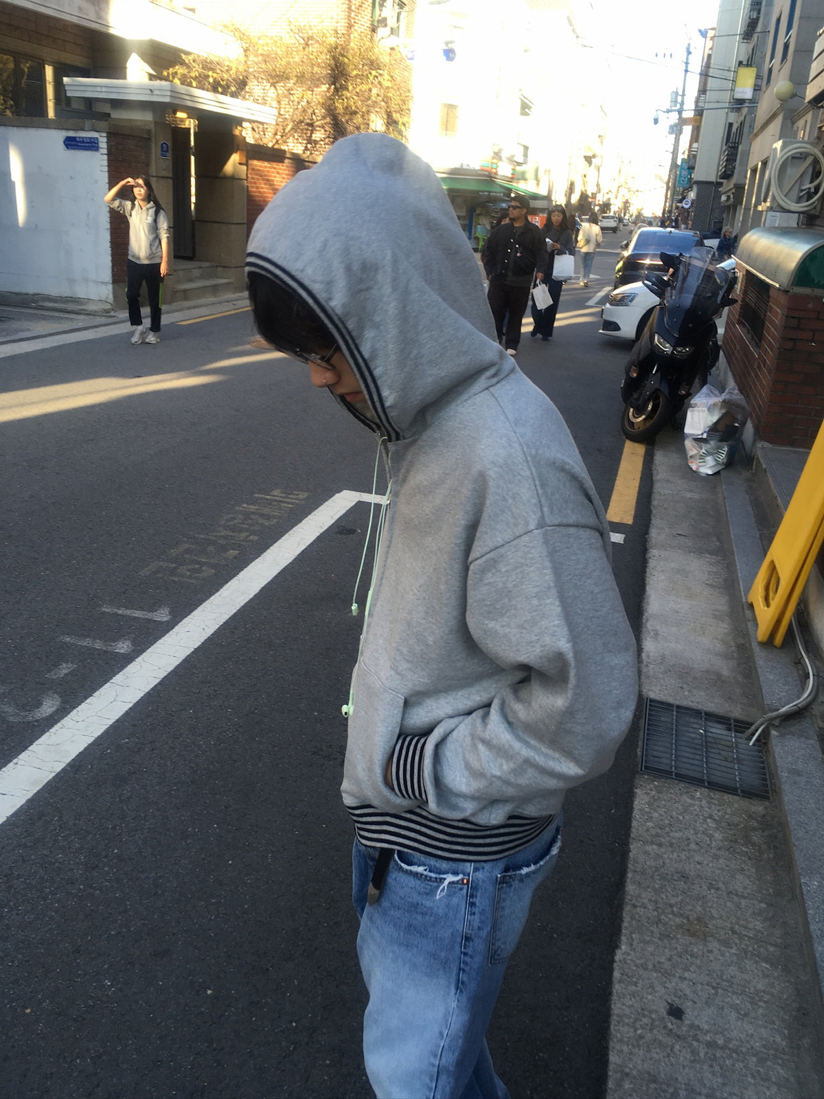 stripe trim hoodie zip up (grey)