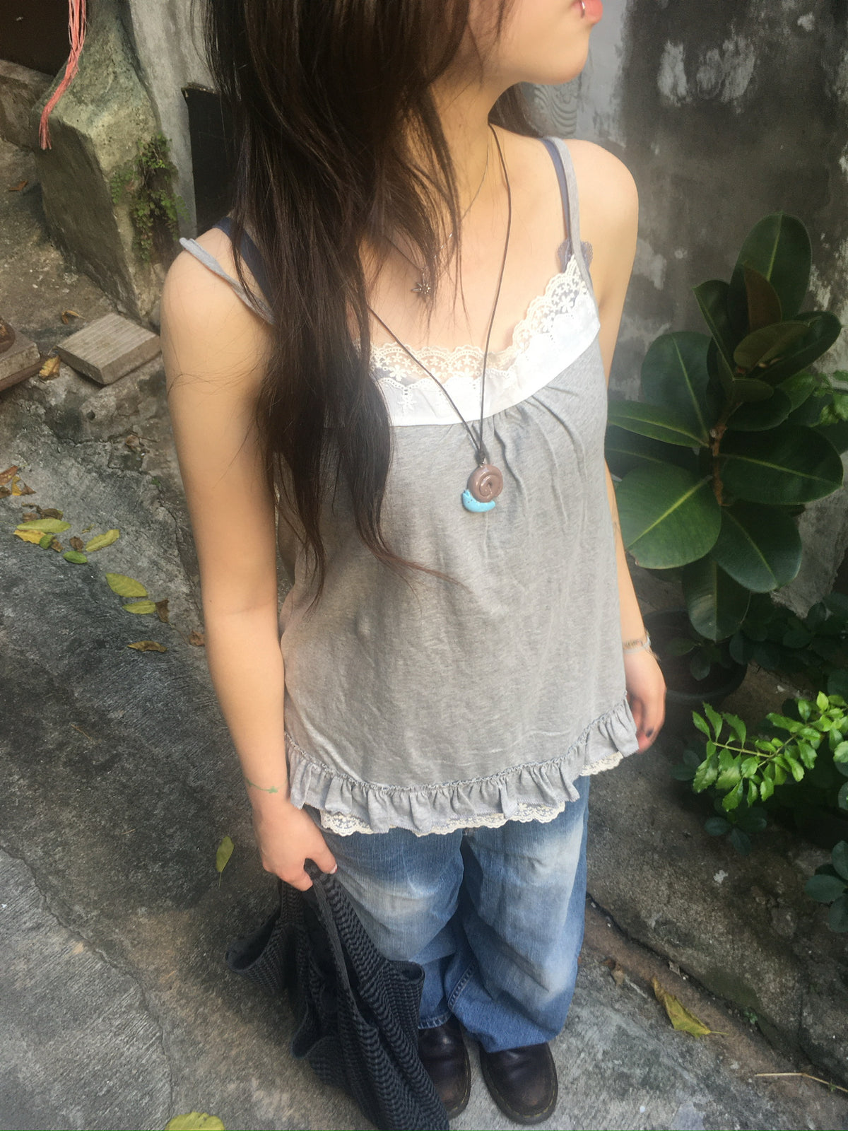 lace trim layer ruffle top (grey)