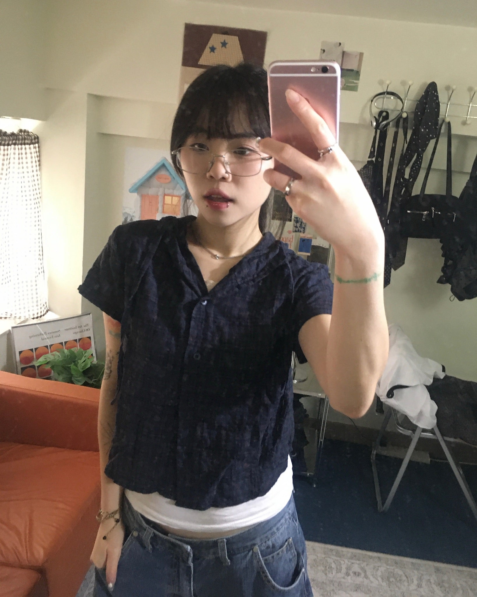floral checked hood shirt (navy)