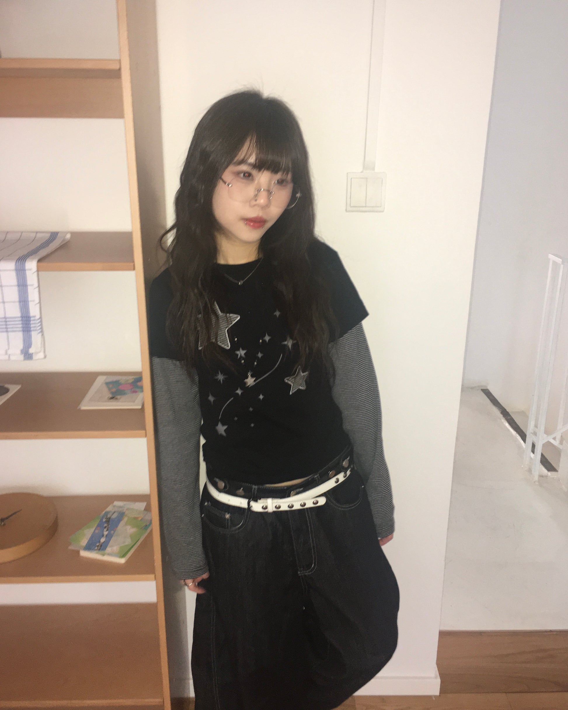 (★BEST) star stripe layered tee (black)