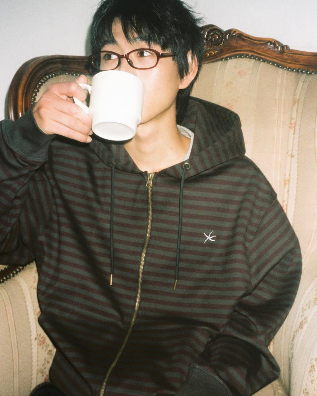 TCM STRIPE HOODED ZIP-UP (CHARCOAL/BURGUNDY)