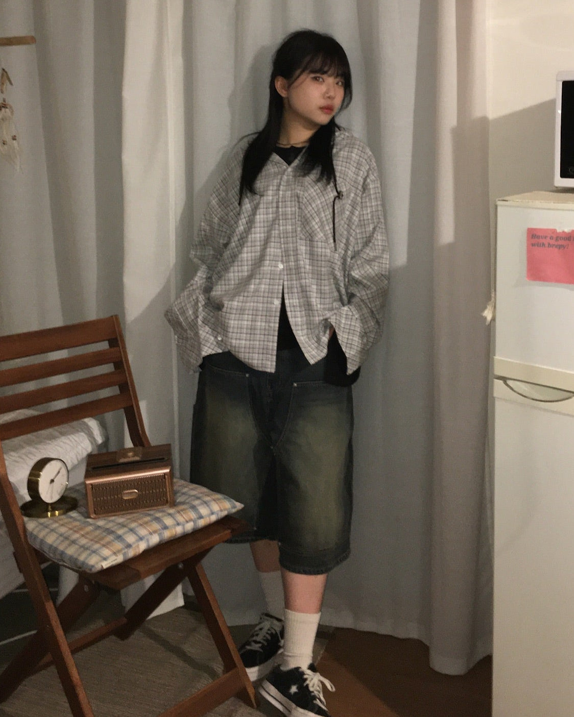 string checked hoodie shirt