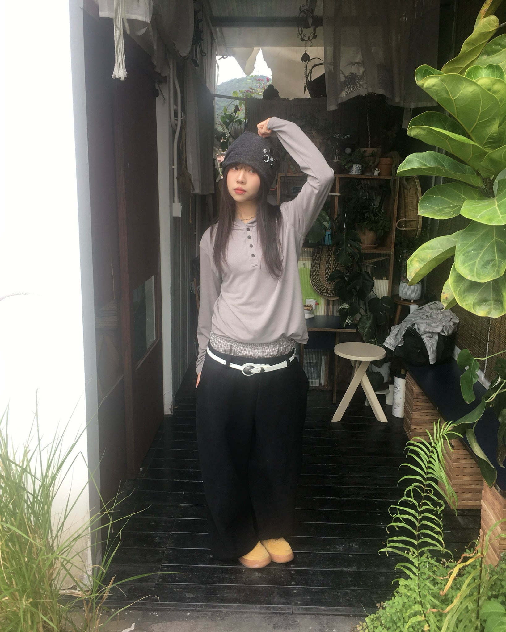 henley neck hooded shirt (ash brown)