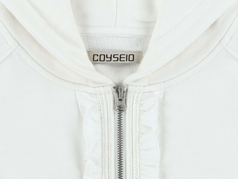 ✪【𝘱𝘳𝘦-𝘰𝘳𝘥𝘦𝘳】coyseio ruffle lace hood zip-up (white)