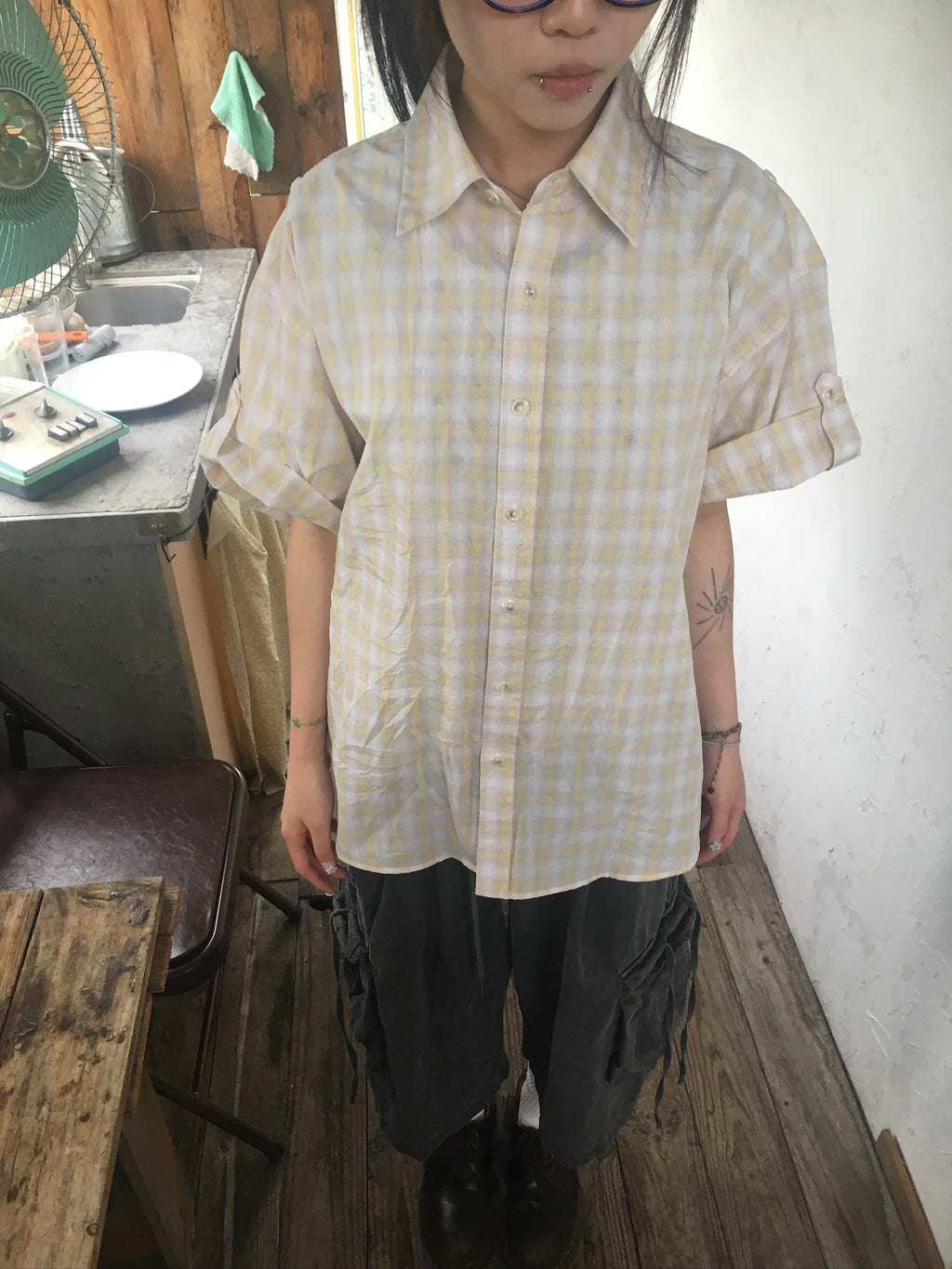 check linen shirt (yellow)