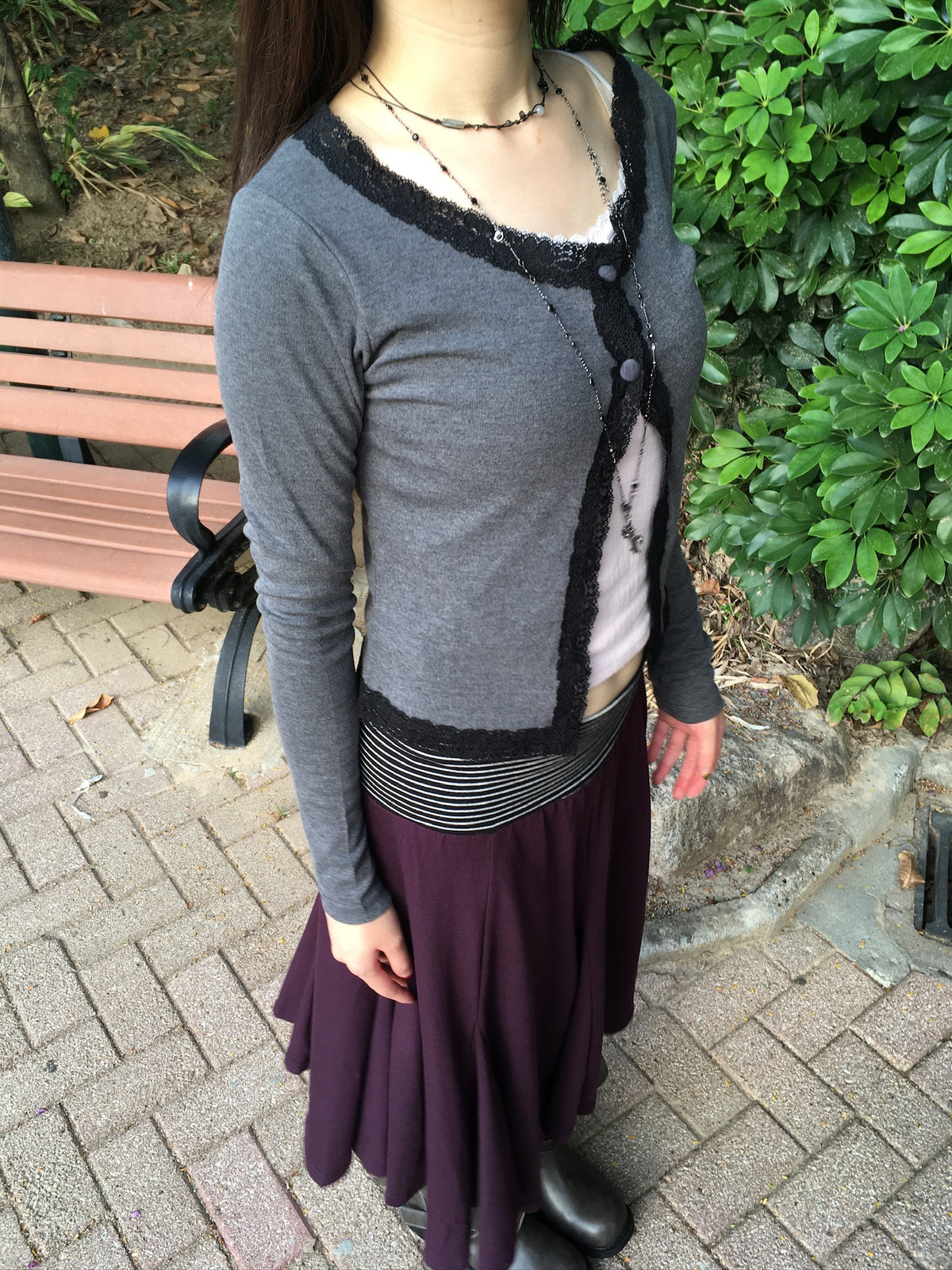lace trim button cardigan (charcoal)