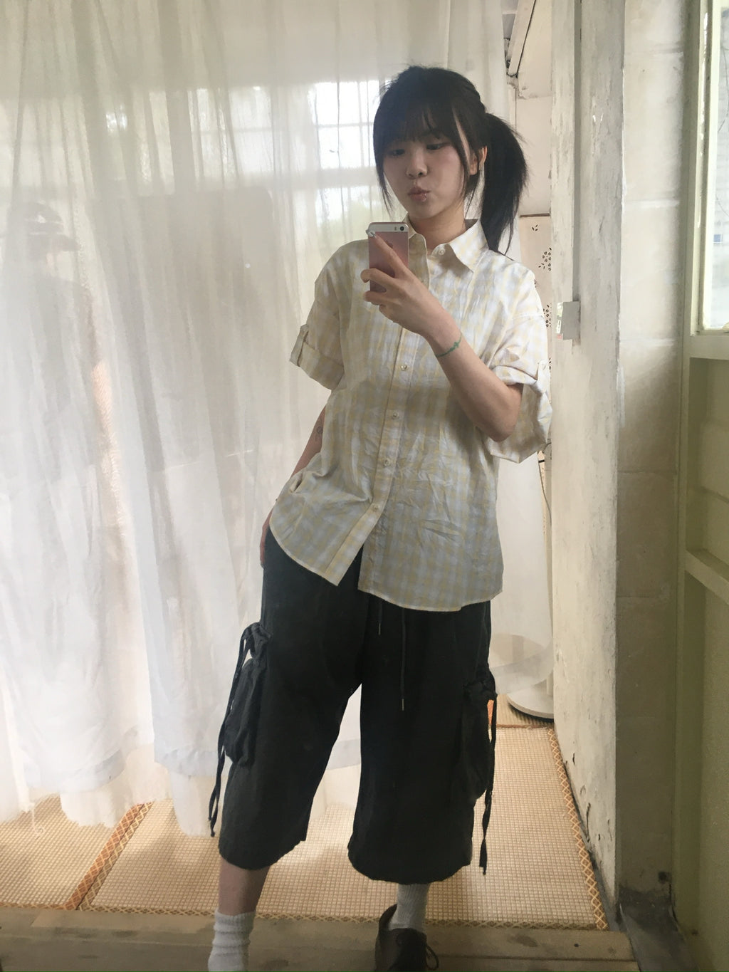 check linen shirt (yellow)