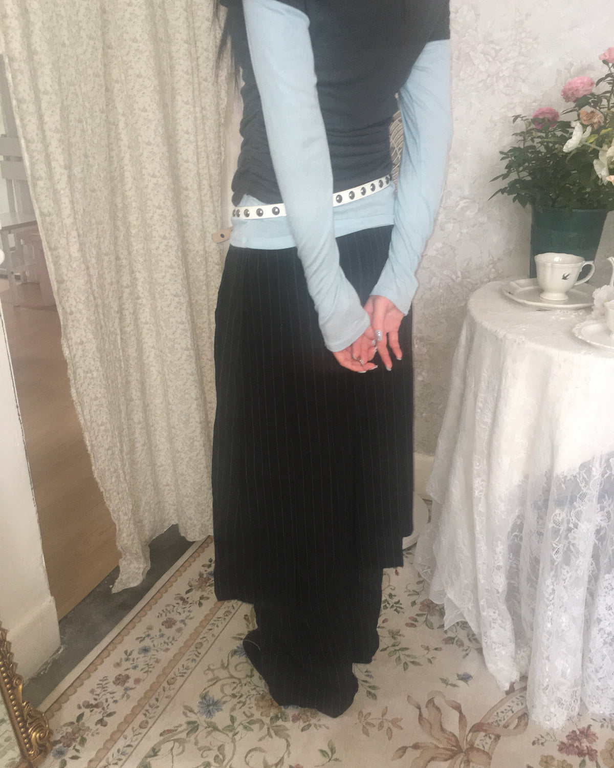 skirt stripe layered pants (black)