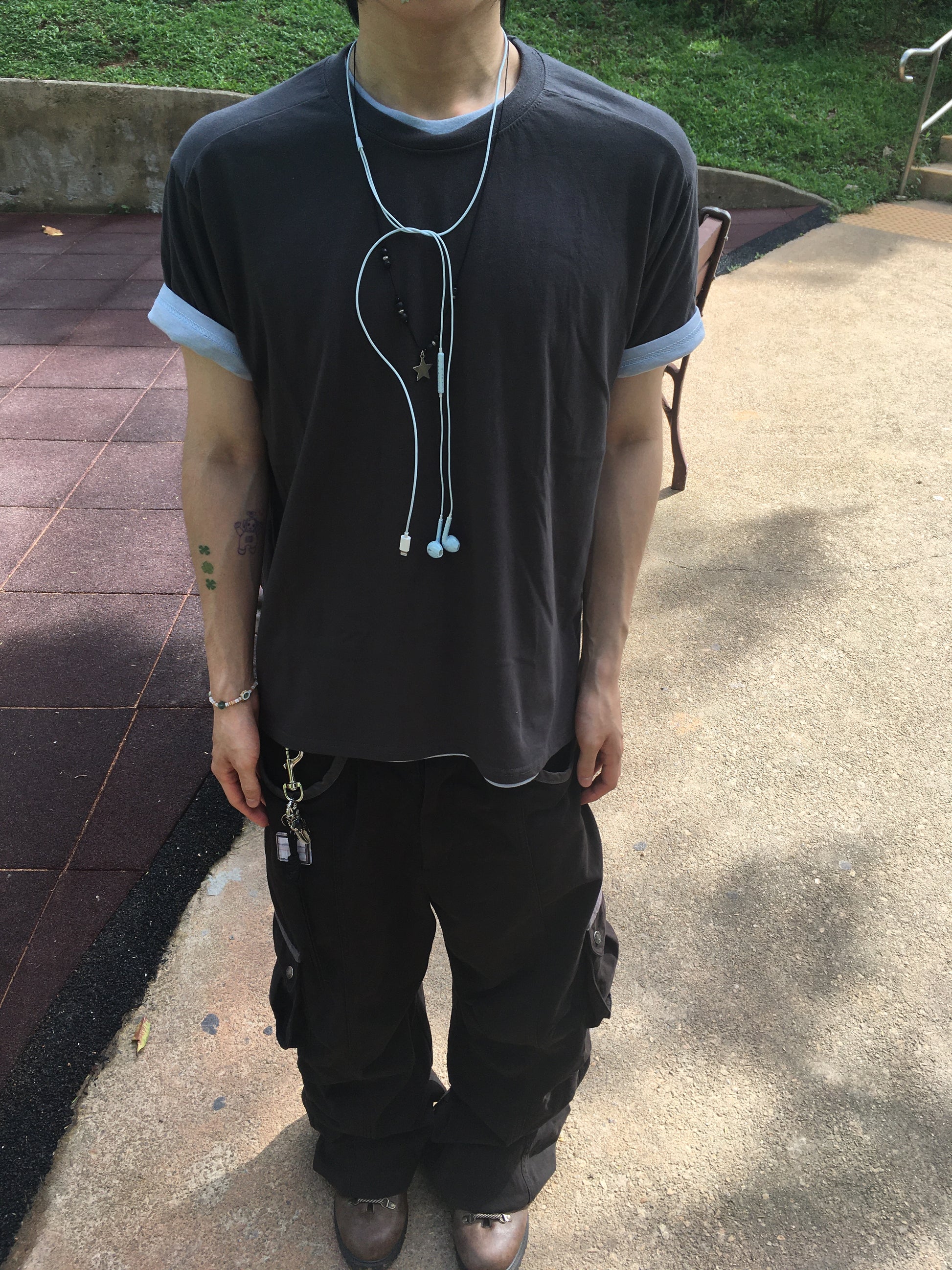 (★1+1) layered crop tee (charcoal+fade blue)