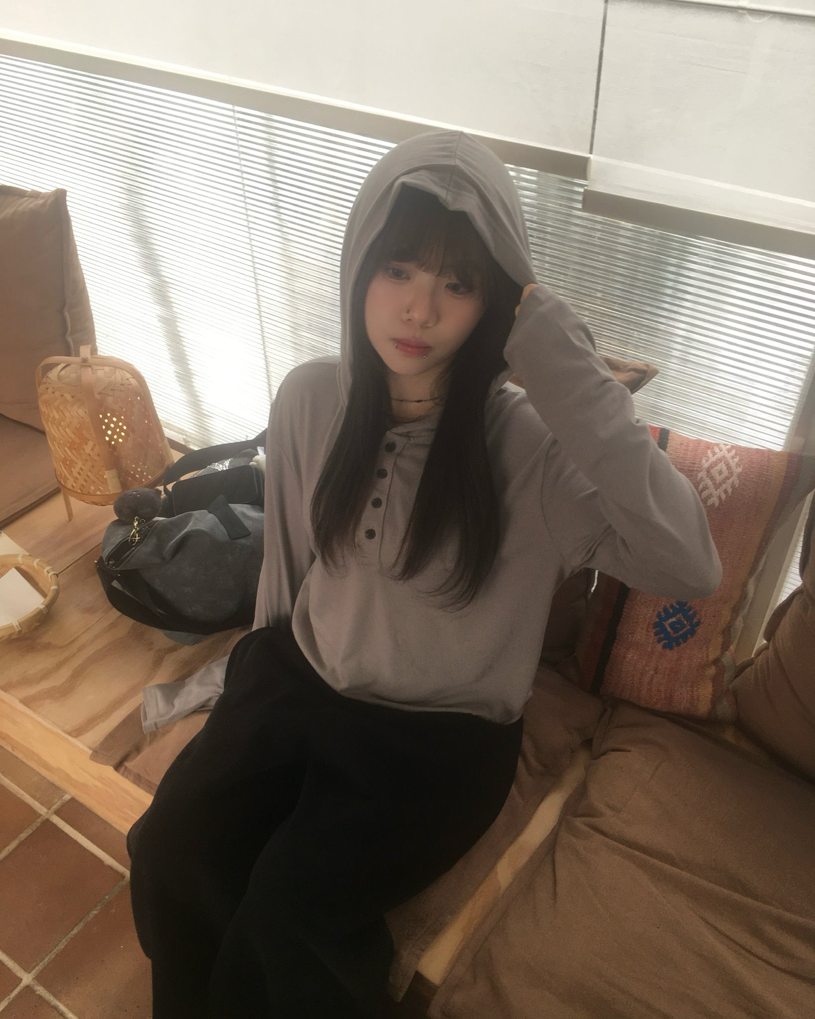 henley neck hooded shirt (ash brown)