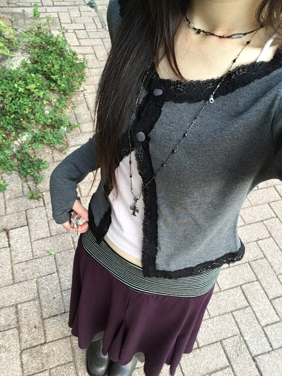 lace trim button cardigan (charcoal)