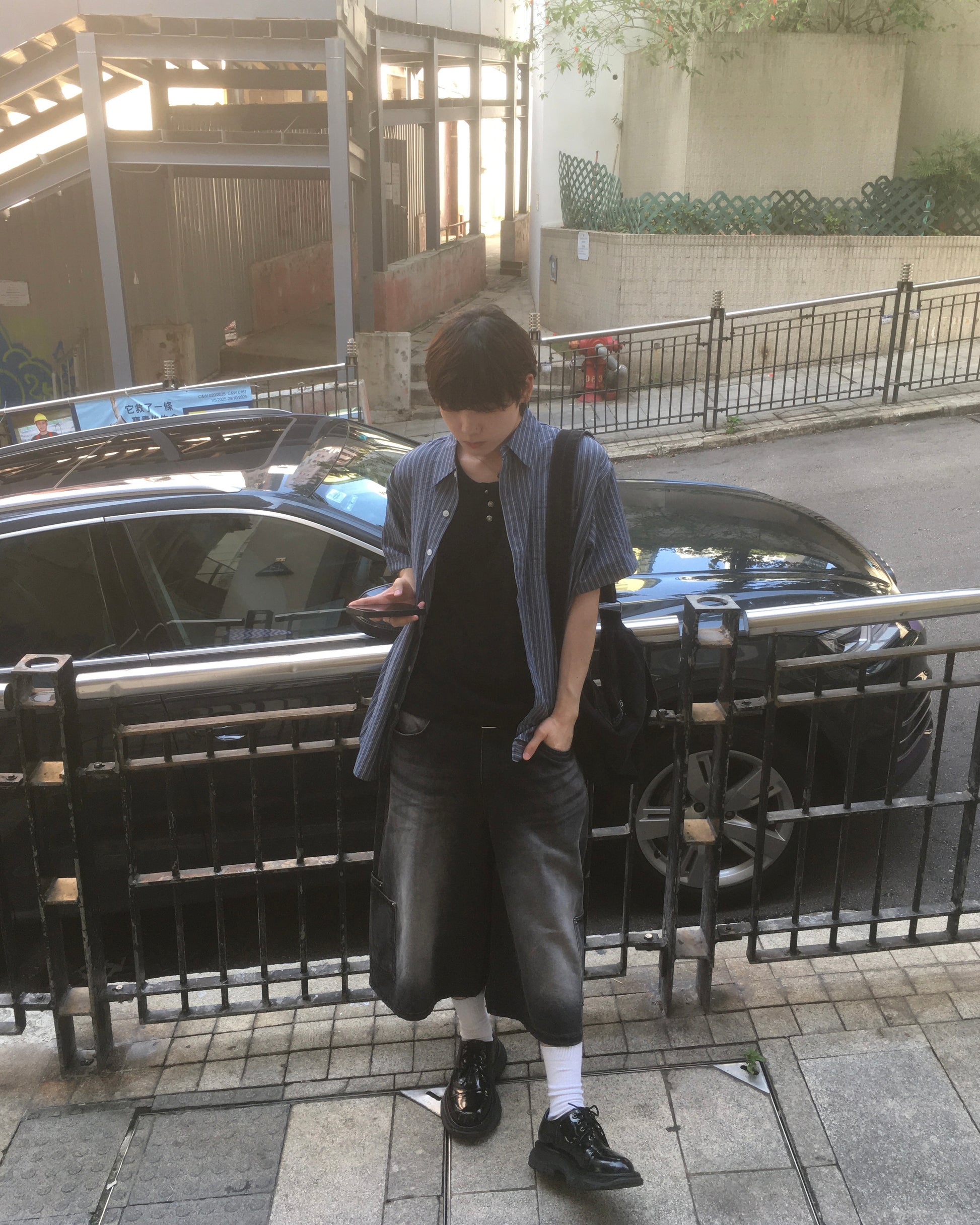 layered pocket bermuda jeans (black) (men wear)