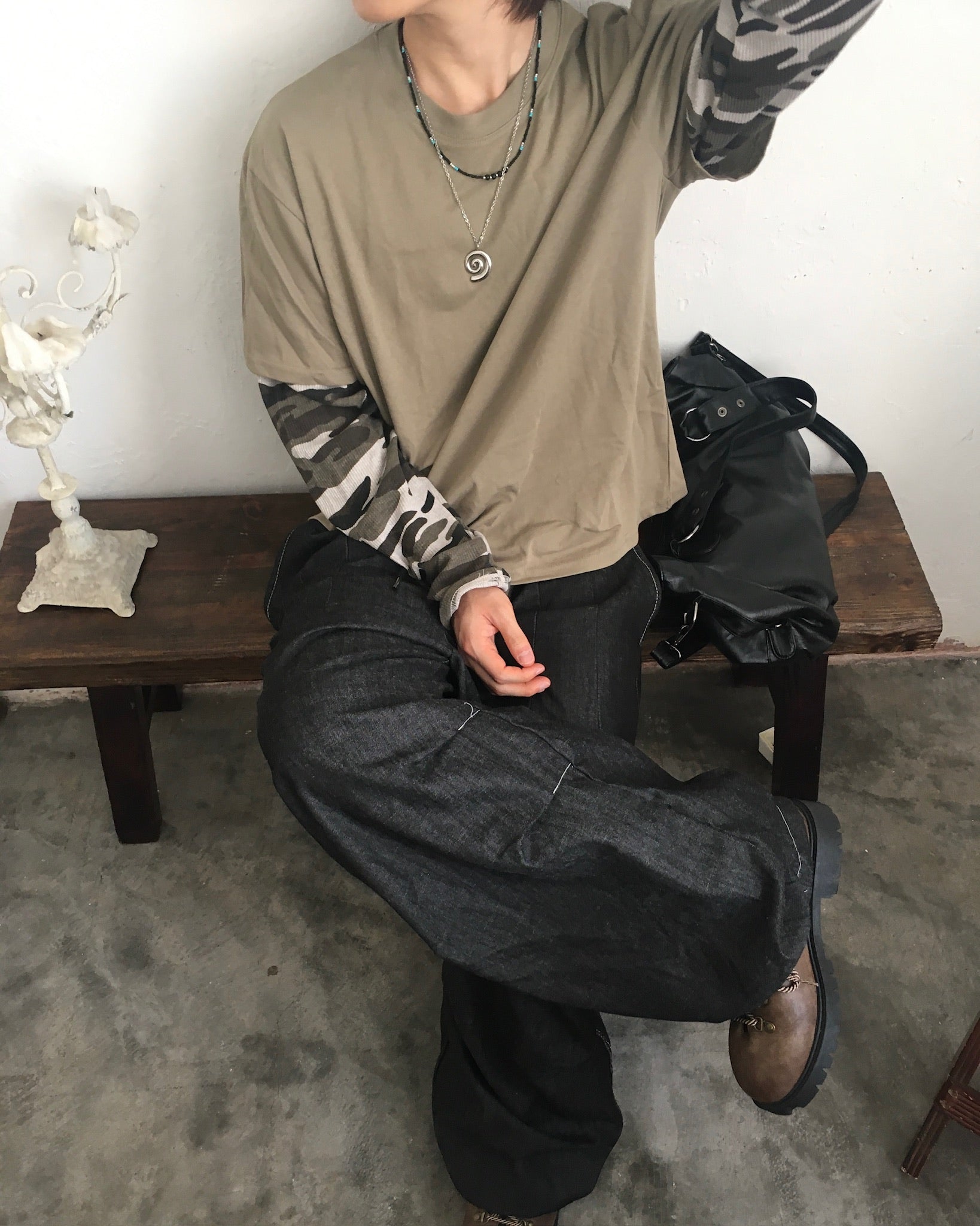camo crop layered tee (beige)